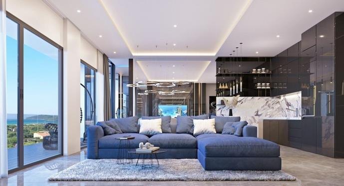 Visualisierung eines Penthouse-Schlafzimmers mit Blick auf die Terrasse