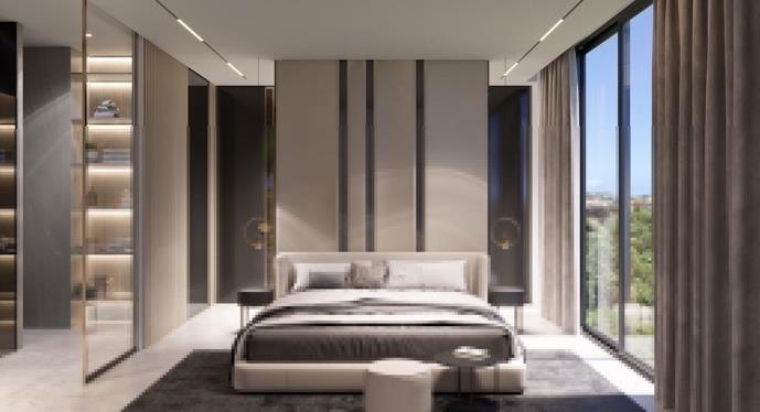 Visualisierung eines Penthouse-Schlafzimmers mit Vorhängen und Fensterfront