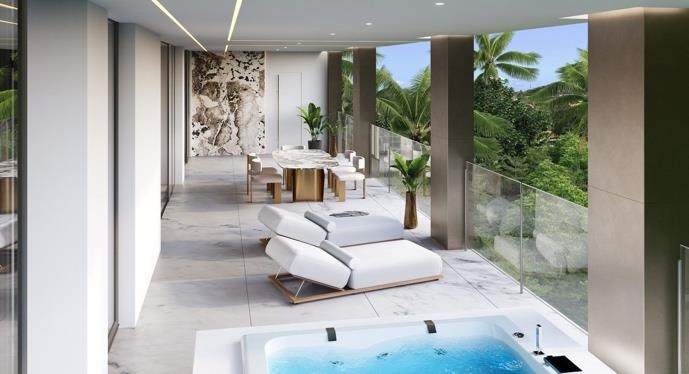 Visualisierung der Penthouse-Terrasse mit Liegen und Wasserbecken
